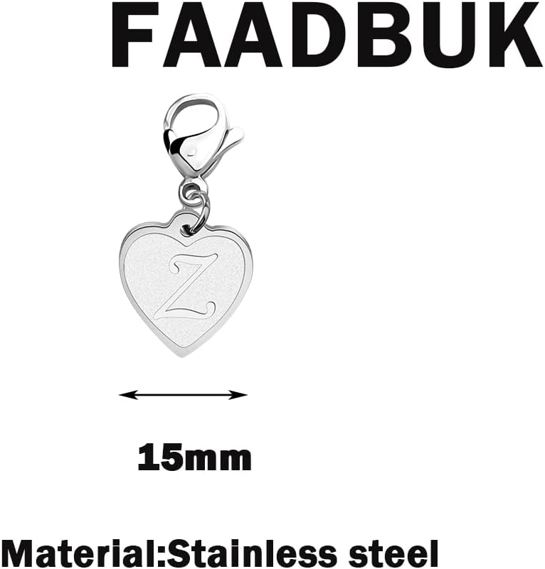 FAADBUK Initial Letter A-Z Alphabet Heart Charms for Jewelry Bracelet Keychain Necklace Initial Stainless steel Clasp Clip on Charm - Image 2